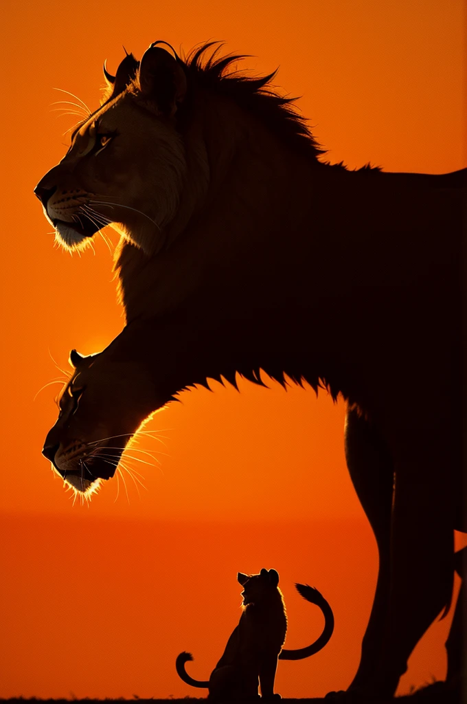 A lioness silhouette with an orange background 