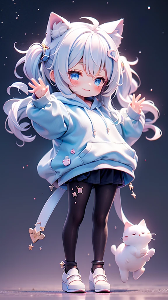 beautiful girl,Cat ear,Long white hair,Light blue eyes,cute, young, Black tights, Wearing an oversized hoodie,sleeping,Details,smile,Only 1 person,The background is a starry sky,beautiful girlのみ,Are standing,Raise your arms,No shoes,chibi