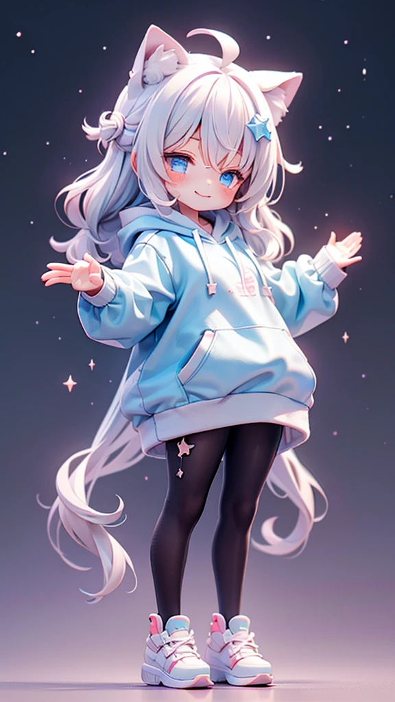 beautiful girl，Cat ear，Long white hair，Light blue eyes，cute, young, Black tights, Wearing an oversized hoodie，sleeping，Details，smile，Only 1 person，The background is a starry sky，beautiful girlのみ，Are standing，Raise your arms，No shoes，chibi