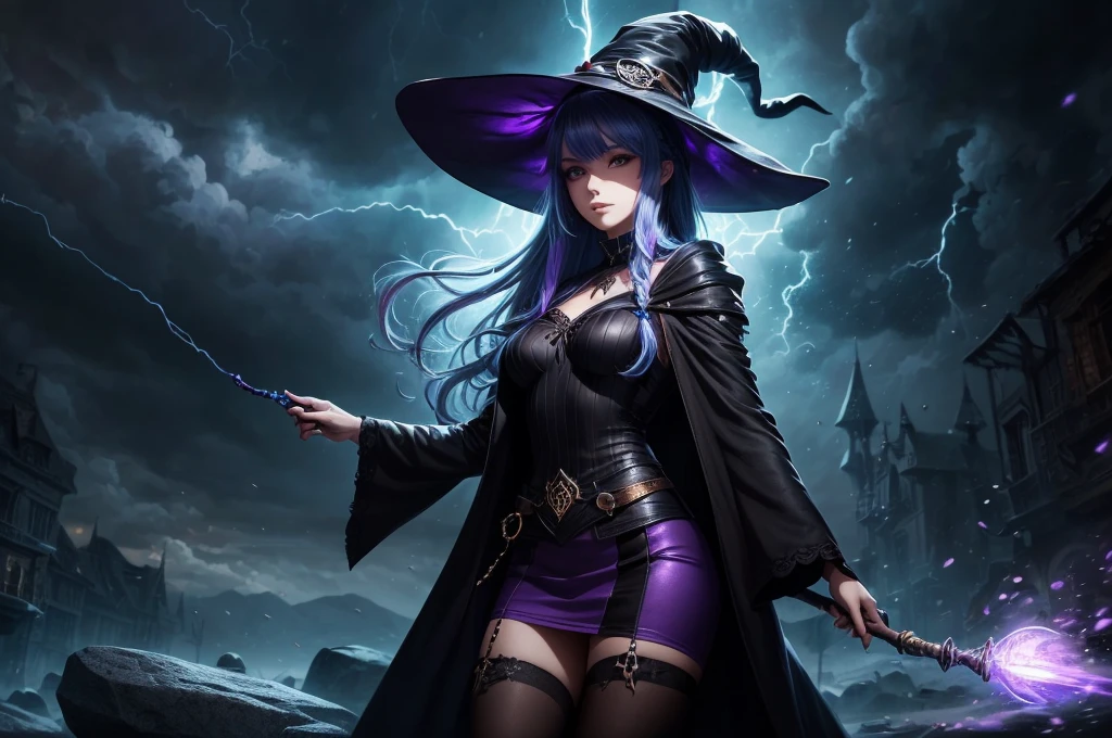 In the middle of so the storm on the stone field stand beatiful witch, she have a beautiful face with blue eyes shining purple lipstick and purple eye shadows, she have long blue hair with purple highlights, she dressed in black long coat short skirt high heels shoes and witch hat on her head , there is lighnings all around her, (ultra high quality fantasy art, anime fantasy style, masterpiece, ultra high quality character design, 8k quality anime art, realistic anime art, top quality wallpaper illustration, detailed ultra high quality accurate face, high quality design and accurate physic)