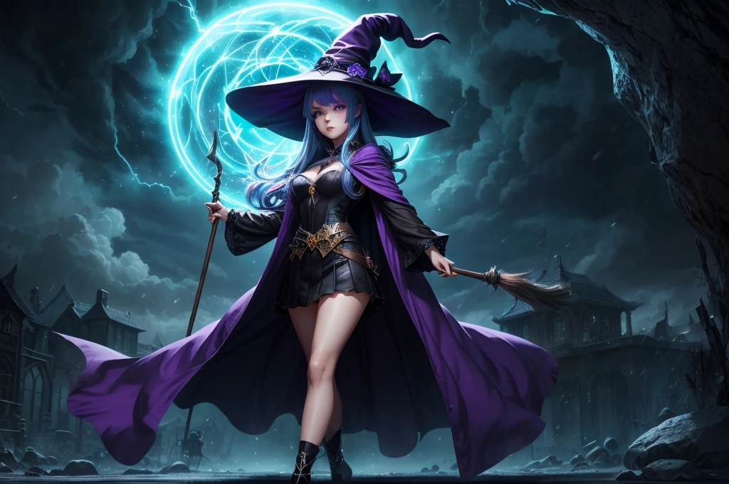 In the middle of so the storm on the stone field stand beatiful witch, she have a beautiful face with blue eyes shining purple lipstick and purple eye shadows, she have long blue hair with purple highlights, she dressed in black long coat short skirt high heels shoes and witch hat on her head , there is lighnings all around her, (ultra high quality fantasy art, anime fantasy style, masterpiece, ultra high quality character design, 8k quality anime art, realistic anime art, top quality wallpaper illustration, detailed ultra high quality accurate face, high quality design and accurate physic)