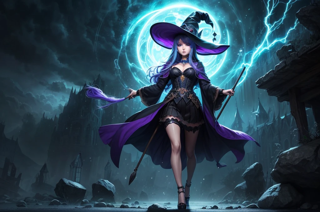 In the middle of so the storm on the stone field stand beatiful witch, she have a beautiful face with blue eyes shining purple lipstick and purple eye shadows, she have long blue hair with purple highlights, she dressed in black long coat short skirt high heels shoes and witch hat on her head , there is lighnings all around her, (ultra high quality fantasy art, anime fantasy style, masterpiece, ultra high quality character design, 8k quality anime art, realistic anime art, top quality wallpaper illustration, detailed ultra high quality accurate face, high quality design and accurate physic)