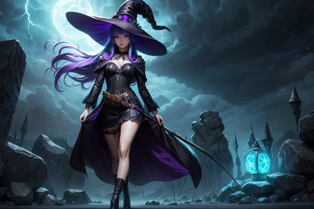 In the middle of so the storm on the stone field stand beatiful witch, she have a beautiful face with blue eyes shining purple lipstick and purple eye shadows, she have long blue hair with purple highlights, she dressed in black long coat short skirt high heels shoes and witch hat on her head , there is lighnings all around her, (ultra high quality fantasy art, anime fantasy style, masterpiece, ultra high quality character design, 8k quality anime art, realistic anime art, top quality wallpaper illustration, detailed ultra high quality accurate face, high quality design and accurate physic)