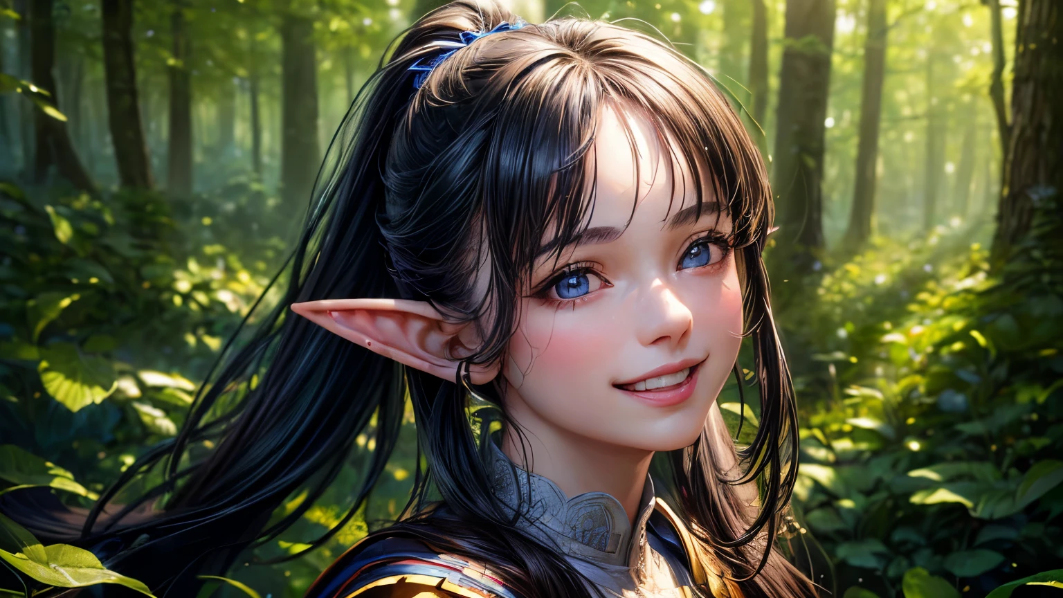 (masterpiece, Highest quality:1.3), (Super detailed:1.2), (hyperRealistic:1.3), (RAW Photos:1.2), High-definition RAW color photos, Professional photos, (PhotoRealistic:1.4), (Realistic:1.4),Professional Lighting, Perfect Anatomy,(Bright smile:1.2),High detail, Sharp focus,One girl,forest,Elf,Long black hair,Ponytail,blue eyes,Long skirt,