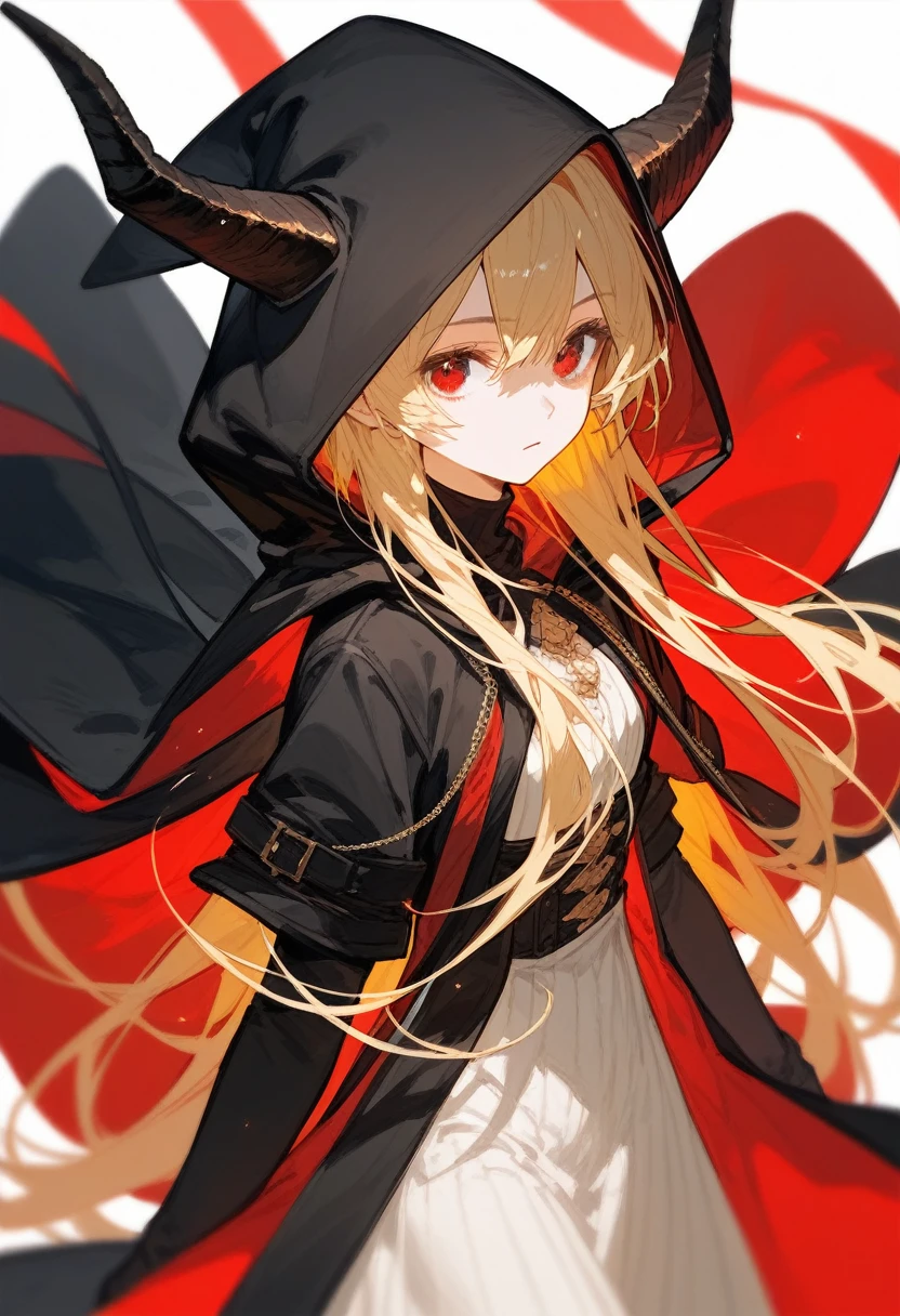 Anime blonde girl with blonde hair, red eyes, golden long dress, a black hood and horns