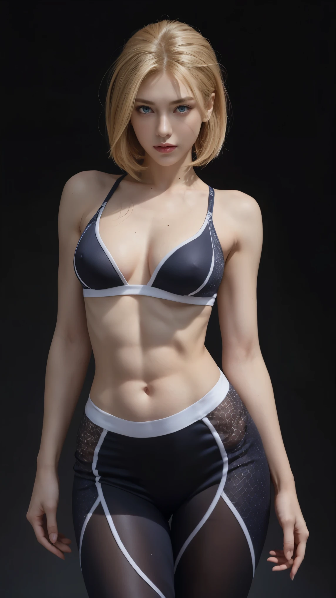 8K, Top Quality, Intricate Details, Ultra Detail, Ultra High Resolution, Masterpiece, close up shot, (full body: 1.1), Slender, Smile, (Makeup: 0.4), ,(( cammy white, blonde hair, bangs, short hair, blue eyes, antena hair, abs, scar on cheeks)), (Fluffy Eyes: 1.21), (()), 1girl, solo, 1 girl, (()), close up shot, , ((tall)), (((fit body))), (((slim face))), sharp face, (( ((, , )),skin tight suit )) ,(detailed face), sharp face, small lips, , ,(( )) ,, ,
((,no bra, braless )), , (( )), detailed face, detailed breast,, detail nipples ,slim body, Narrow Waist, Skinny, tall , skinny body, 190 cm tall, Muscular, Navel, Exposed Abdomen, Pointed Chest,, Beautiful girl with accentuated slender abs: 1.4, Six Pack Abs: 1.4, , Perfect Body, detail legs, (( dark background)), black background,