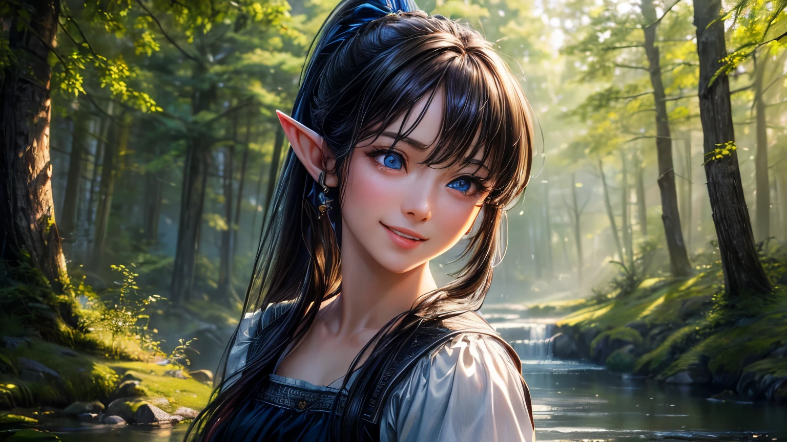 (masterpiece, Highest quality:1.3), (Super detailed:1.2), (hyperRealistic:1.3), (RAW Photos:1.2), High-definition RAW color photos, Professional photos, (PhotoRealistic:1.4), (Realistic:1.4),Professional Lighting, Perfect Anatomy,(Bright smile:1.2),High detail, Sharp focus,One girl,forest,Elf,Long black hair,Ponytail,blue eyes,Long skirt,