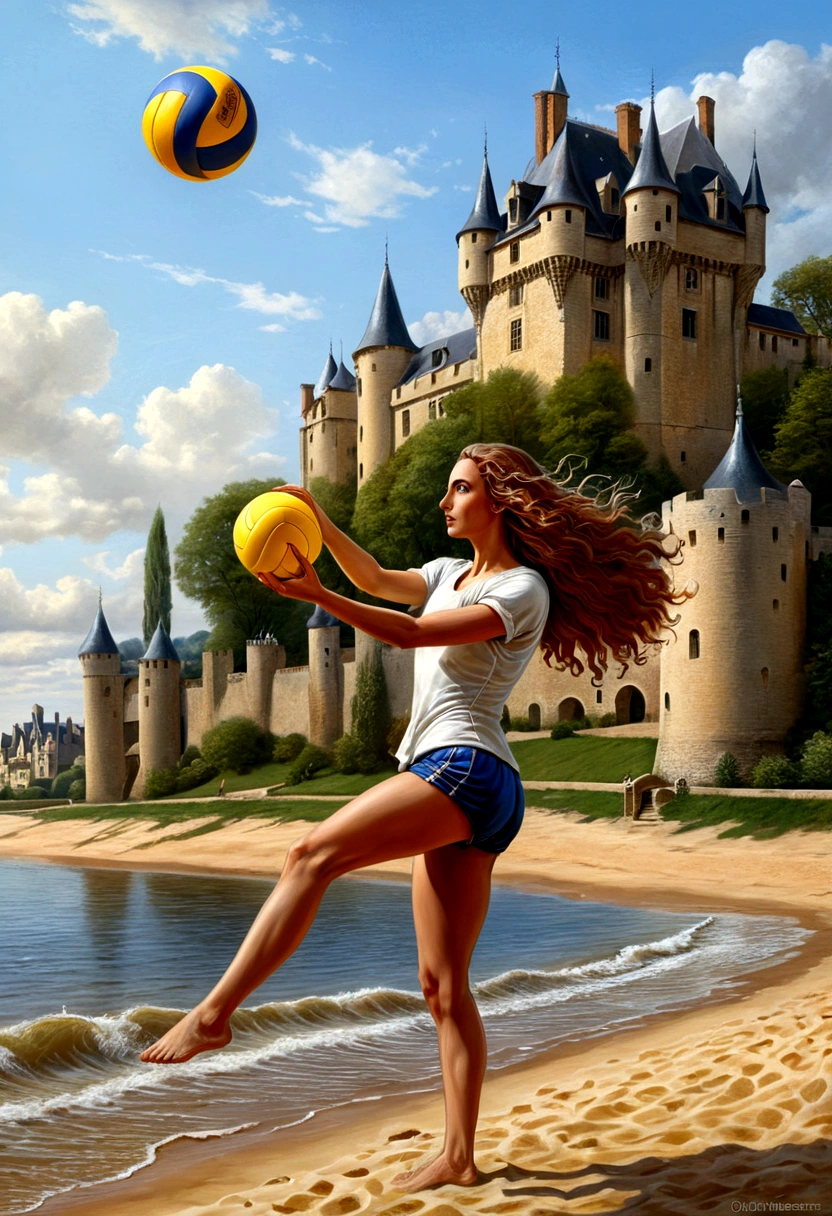 a masterful digital art painting of long woman playing volley ball on an on coast of the Loir river, an extraordinary beautiful renaissance woman, long hair, wavy hair, dynamic hair color, dynamic eye color, playing volley ball in a beautiful beach on the Loir river, best detailed face, a French medieval castle on the river bank in the background, Ultra-high resolution, High Contrast, (masterpiece:1.5), highest quality, Best aesthetics), best details, best quality, highres, 16k, [ultra detailed], masterpiece, best quality, (extremely detailed), Intense gaze, digital painting,