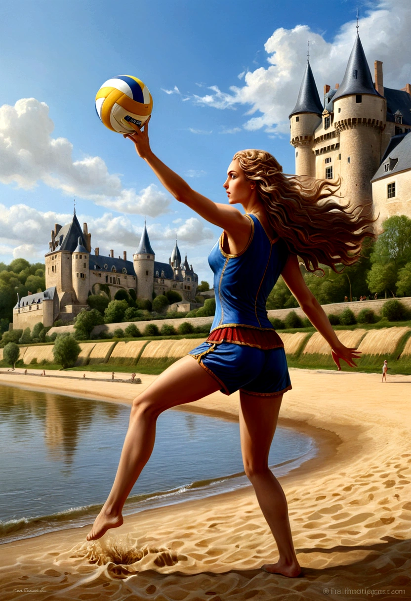 a masterful digital art painting of long woman playing volley ball on an on coast of the Loir river, an extraordinary beautiful renaissance woman, long hair, wavy hair, dynamic hair color, dynamic eye color, playing volley ball in a beautiful beach on the Loir river, best detailed face, a French medieval castle on the river bank in the background, Ultra-high resolution, High Contrast, (masterpiece:1.5), highest quality, Best aesthetics), best details, best quality, highres, 16k, [ultra detailed], masterpiece, best quality, (extremely detailed), Intense gaze, digital painting,