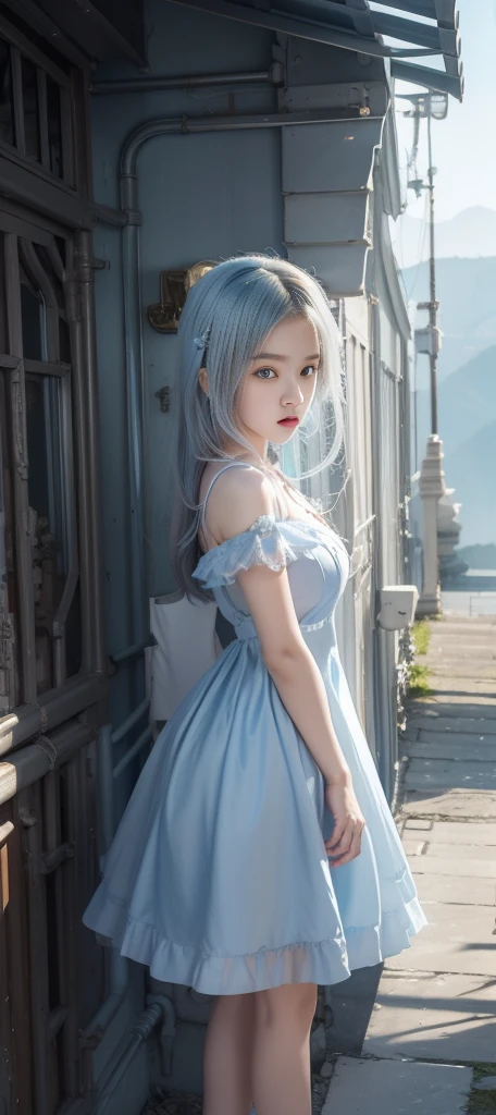 masterpiece, best quality, (Very detailed CG unit 8k wallpaper) ，Ray Tracing, Harsh environment, Extremely detailed, ,15 years old，little girl，Light blue dress，Small Breasts，Angry Stare，（whole body：9.9），（landscape：3.0），White skin