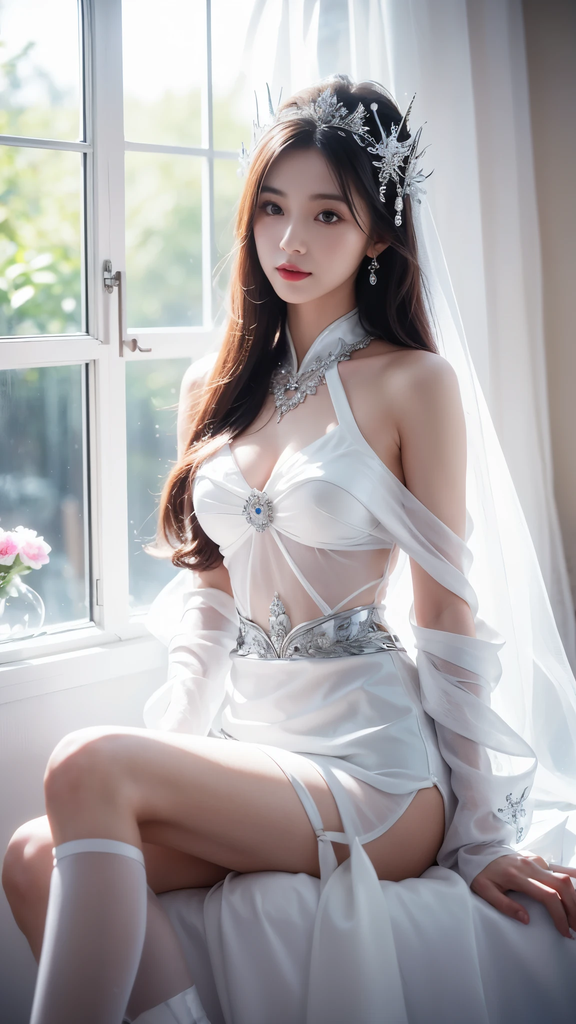 4K, UHD, masterpeice, 1 girl, front body, good face, very long hair, ((white skin)), ((fairytale fantasy outfit)), white outfit, bare waist, fujicolor, window, depth of field, ray tracing, ultra realistic detailes, sitting,