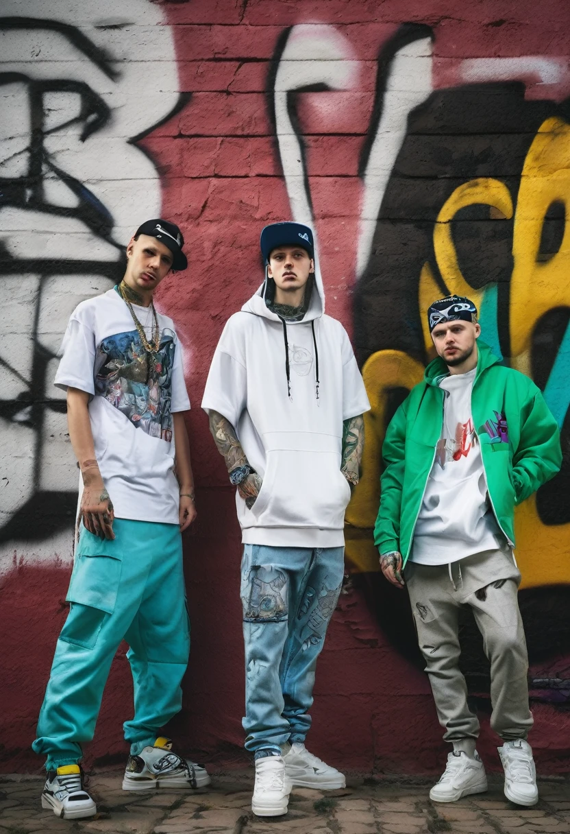 three Russian underground rappers stand against a wall, boyish show-off, realistic photograph of a wall in a residential area with a graffiti drawing containing the word "CHPEH FAT", underground atmosphere, hip hop style, ghetto style,