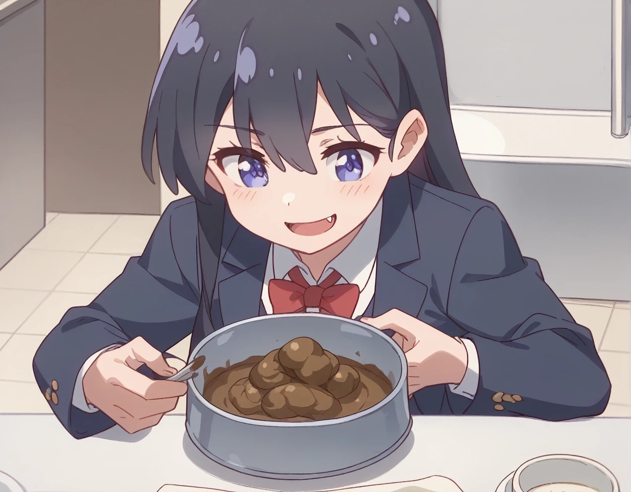 (One Girl)、Dog dish、Holding a plate、Make your eyes sparkle、Giant poop in a bowl、Curly feces、Offer a dog bowl、blazer、In front of the toilet、Black Hair、Long Hair、smile、