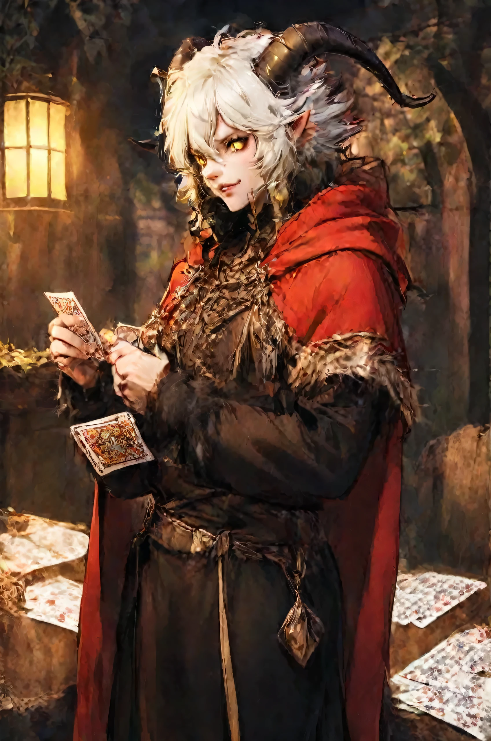 Satyr, medieval clothing, red cloak, yellow eyes, black horns, holding playing cards