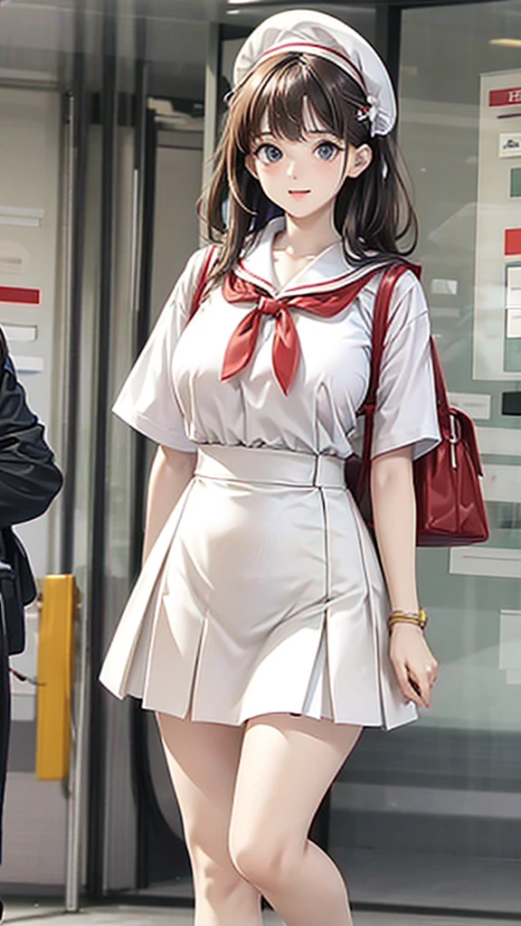 Female, height: 135 cm, weight: 50 KG, hip circumference: 80, waist circumference: 54, bust circumference: 73, face: oval face, hair color: white, eye color: red, clothing: white JK short skirt uniform, scene: classroom.