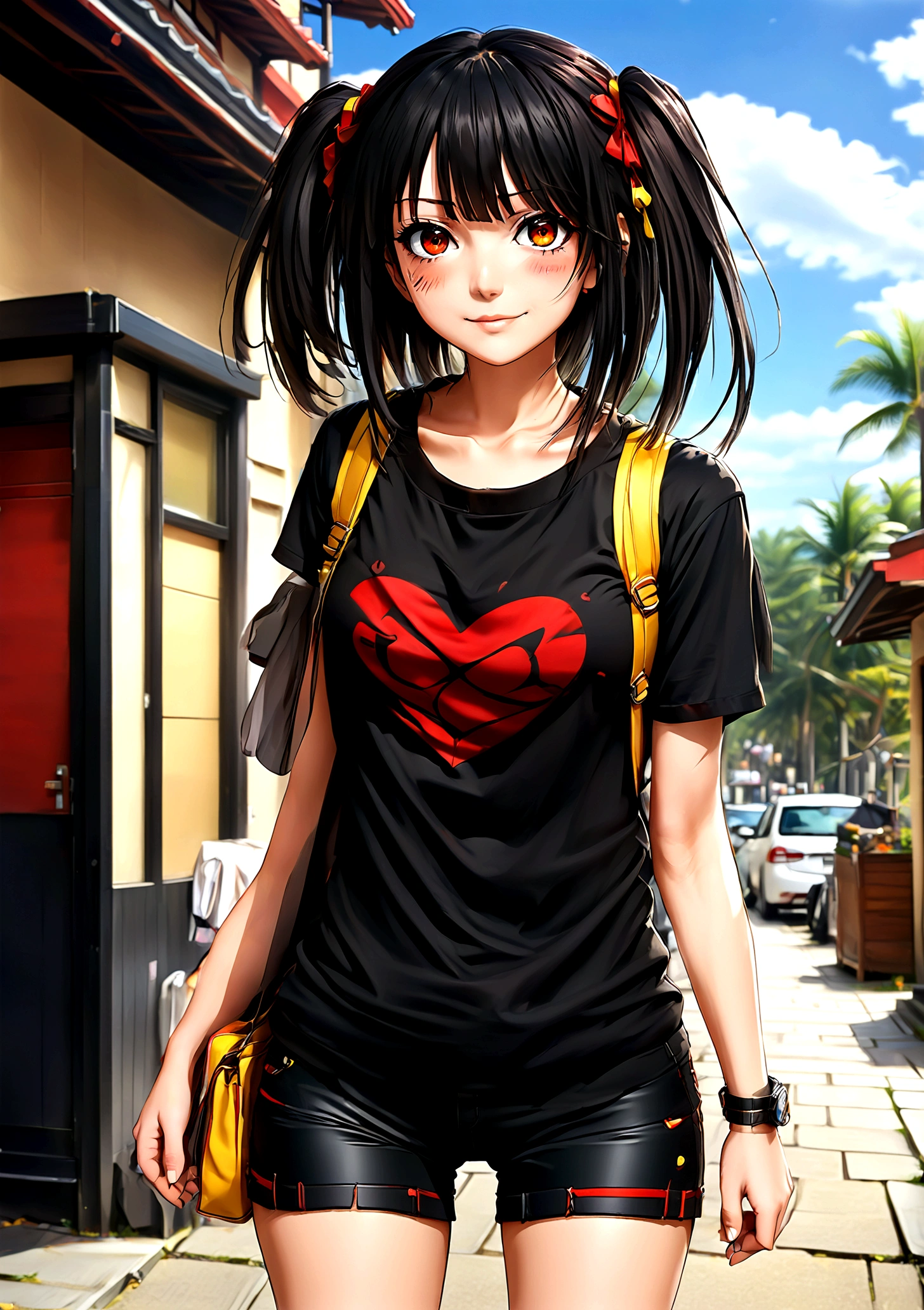 ultra-detailed,highly detailed,best quality,masterpiece,illustration
1girl, ((tokisaki kurumi)), cosplay, hair over one eye, (right red eye, left yellow eye), looking at viewer, happy girl, low twintails, ((t-shirts)), (((black hotpants))), hair rings, loafers,
(Outdoors) , walking, beach
