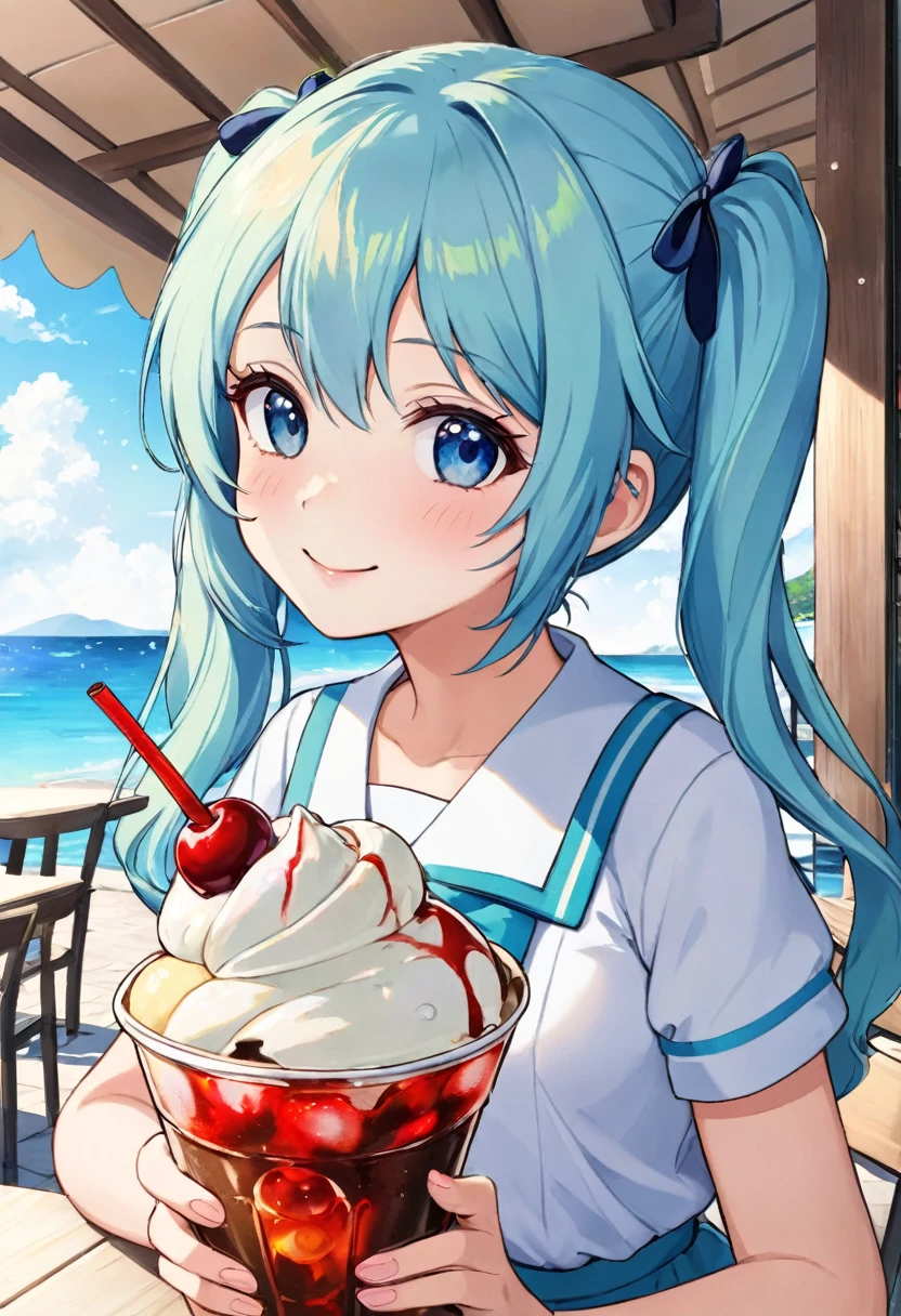 Ice cream and red cherry on a green drink in a seaside cafe decorated with flowers、girl, Light blue long hair、Beautiful girl with twin tails、Bright smile、cream soda、Cute realistic portrait, かわいいgirlのアニメビジュアル, ソーダをテーマにしたgirl, かわいいアニメのgirl,With a straw, Splash art anime 