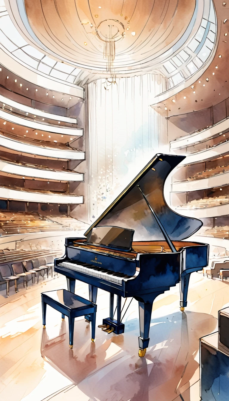 no people,piano scene,Suntory Hall、Missing style,Line drawing sketch,stylish cut, art,Doodle style,Transparent, brave, thick outlines,,Rough coloring, Watercolor painting,