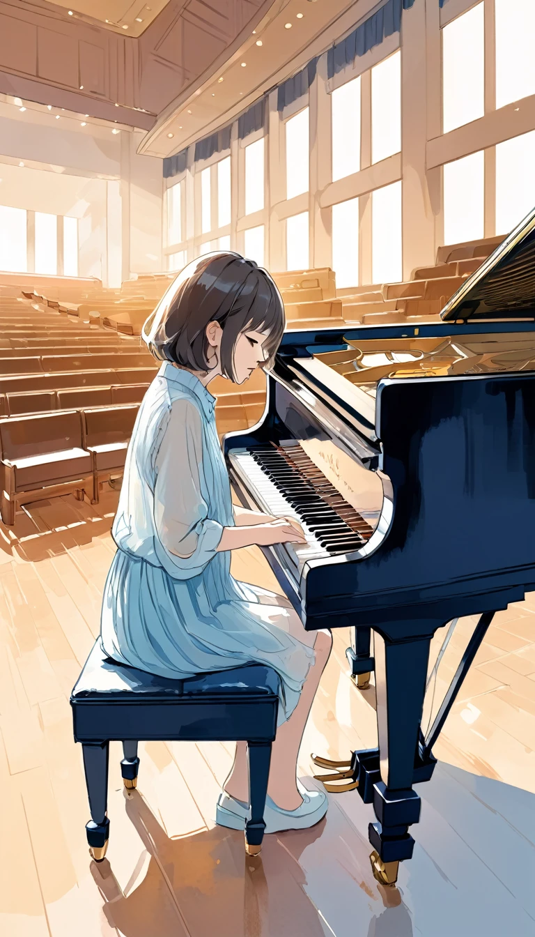 no people,piano scene,Suntory Hall、Missing style,Line drawing sketch,stylish cut, art,Doodle style,Transparent, brave, thick outlines,,Rough coloring, Watercolor painting,
