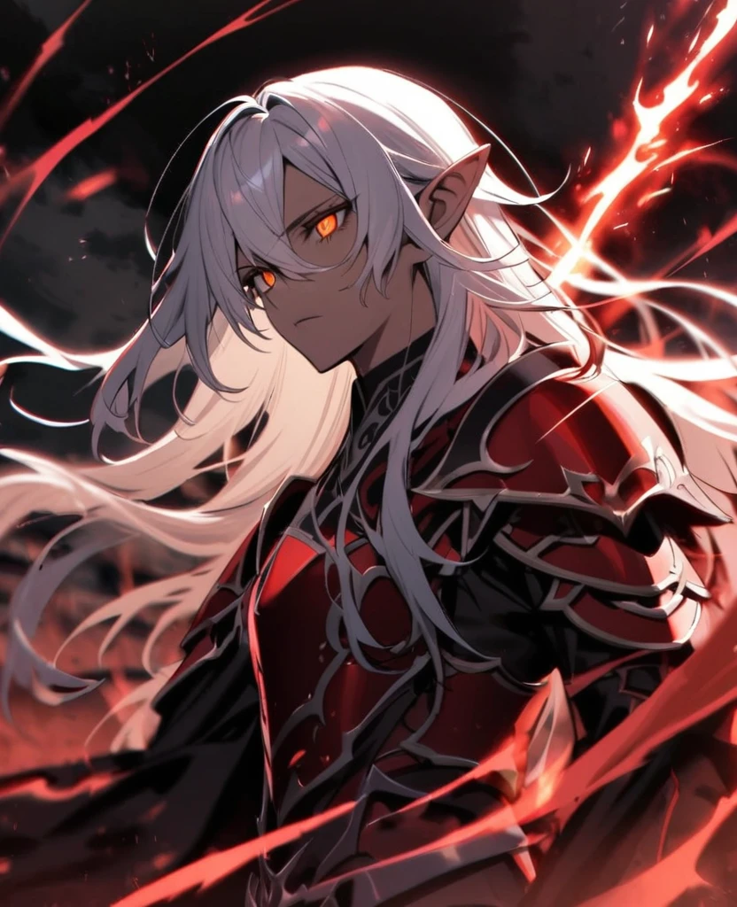 Female,5'4,pierced pointy ears,light skin,orange eyes, red long hair half up half down,red and white armour ,dark magic,on a battlefield with darkness in his eyes as a dark magic aura surrounds him