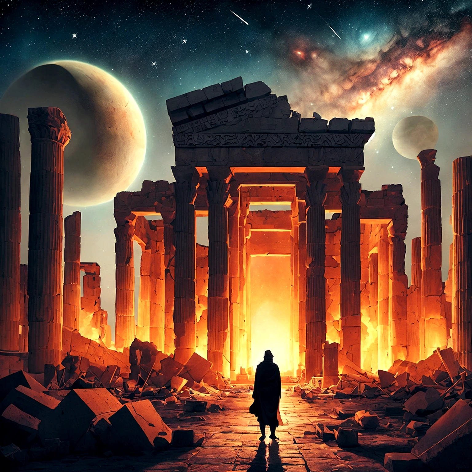The damaged building of Persepolis, the physical space on fire, the closeness of the planets is evident in the sky, Draw this drawing as if Van Gogh drew it and its name is the starry night sky