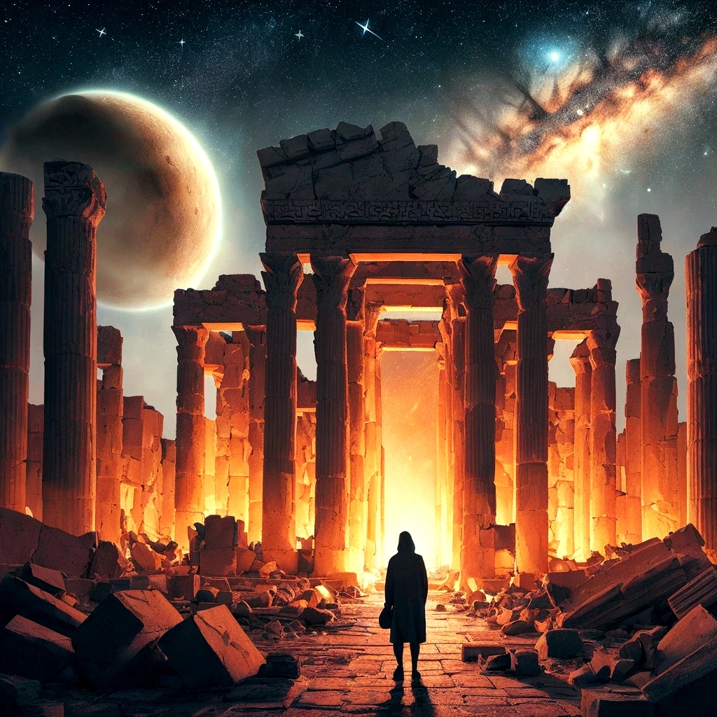 The damaged building of Persepolis, the physical space on fire, the closeness of the planets is evident in the sky, Draw this drawing as if Van Gogh drew it and its name is the starry night sky