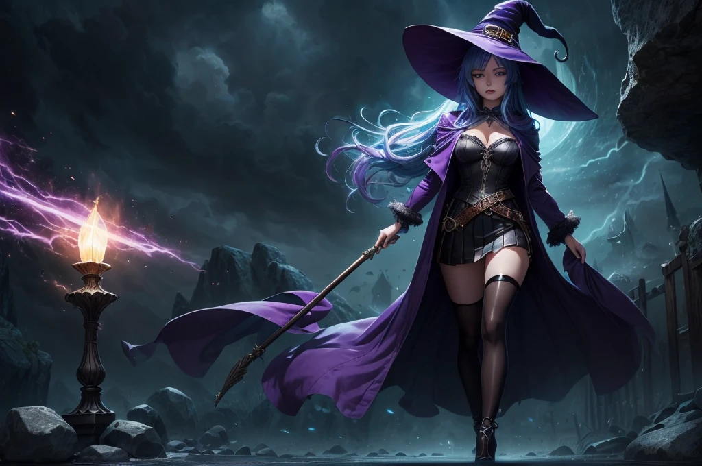 In the middle of so the storm on the stone field stand beatiful witch, she have a beautiful face with blue eyes shining purple lipstick and purple eye shadows, she have long blue hair with purple highlights, she dressed in black long coat short skirt high heels shoes and witch hat on her head , there is lighnings all around her, (ultra high quality fantasy art, anime fantasy style, masterpiece, ultra high quality character design, 8k quality anime art, realistic anime art, top quality wallpaper illustration, detailed ultra high quality accurate face, high quality design and accurate physic)