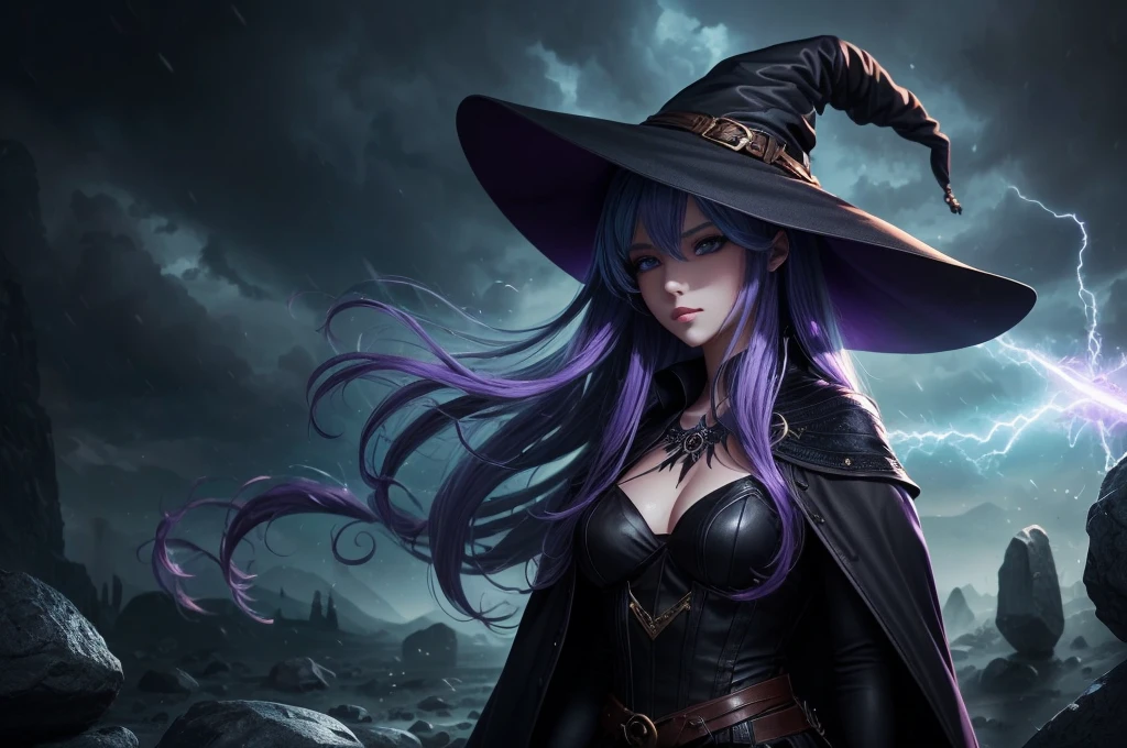 In the middle of so the storm on the stone field stand beatiful witch, she have a beautiful face with blue eyes shining purple lipstick and purple eye shadows, she have long blue hair with purple highlights, she dressed in black long coat short skirt high heels shoes and witch hat on her head , there is lighnings all around her, (ultra high quality fantasy art, anime fantasy style, masterpiece, ultra high quality character design, 8k quality anime art, realistic anime art, top quality wallpaper illustration, detailed ultra high quality accurate face, high quality design and accurate physic)