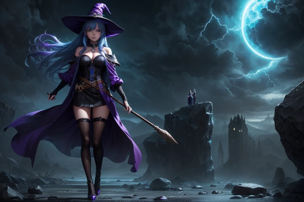 In the middle of so the storm on the stone field stand beatiful witch, she have a beautiful face with blue eyes shining purple lipstick and purple eye shadows, she have long blue hair with purple highlights, she dressed in black long coat short skirt high heels shoes and witch hat on her head , there is lighnings all around her, (ultra high quality fantasy art, anime fantasy style, masterpiece, ultra high quality character design, 8k quality anime art, realistic anime art, top quality wallpaper illustration, detailed ultra high quality accurate face, high quality design and accurate physic)