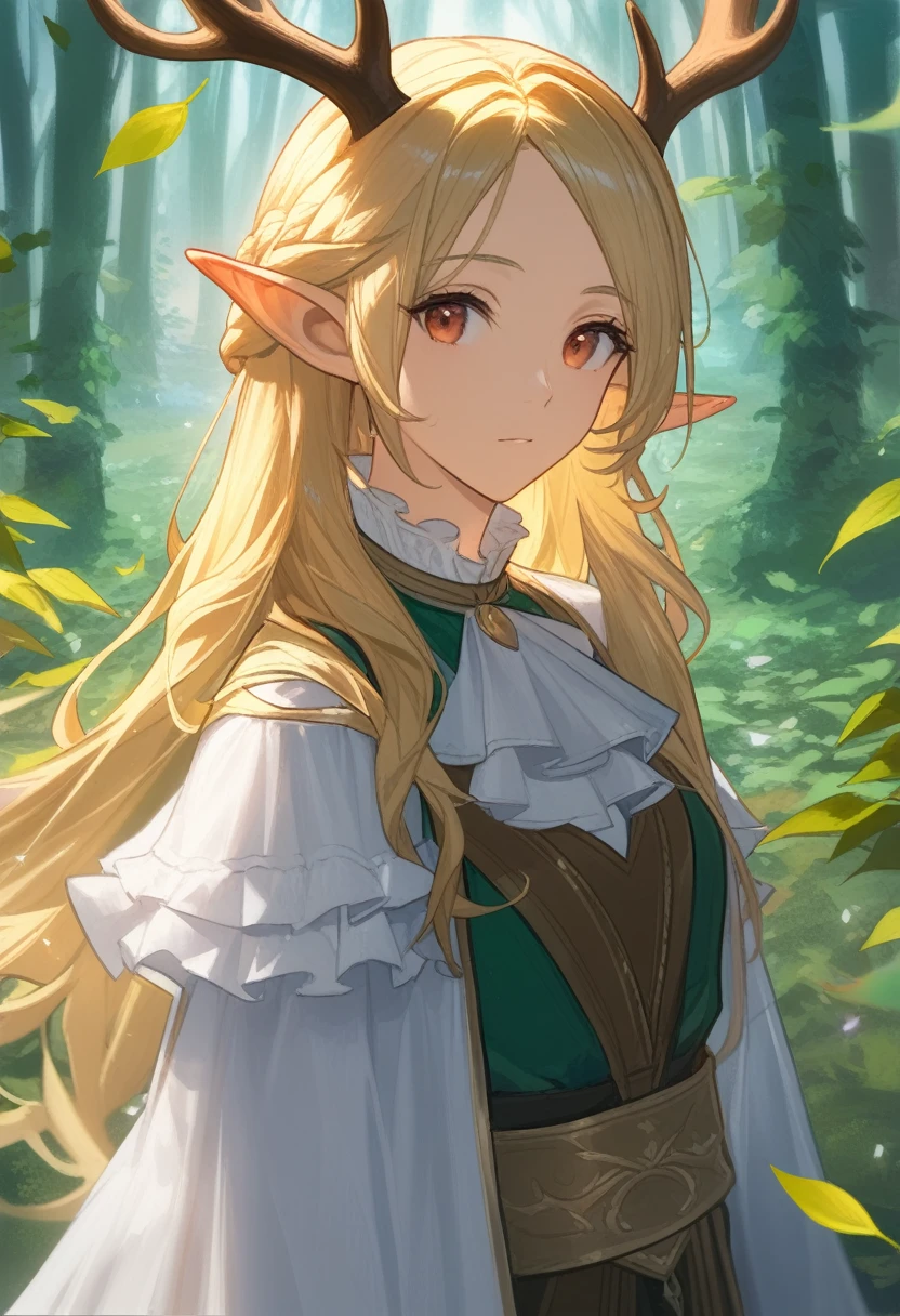 （tmasterpiece，best qualtiy）， 1girll， Complicated details， blond hairbl， leafs， wavey hair， looks into camera， the elf， The upper part of the body， ln the forest， frilld， thin fog， deer antlers，wonderland