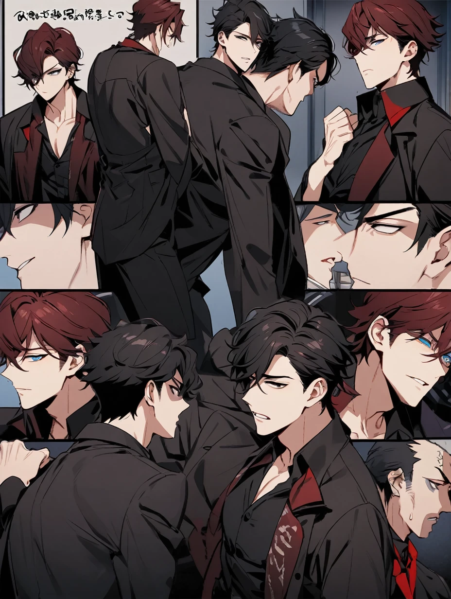 Man and a boy together . man (dark red hair , black eyes , short hair , mafia clothes ) fuck a Boy (black hair, wavy hair, short hair, blue eyes, dark clothes), dark hall, man is a top, boy is a bottom, different poses