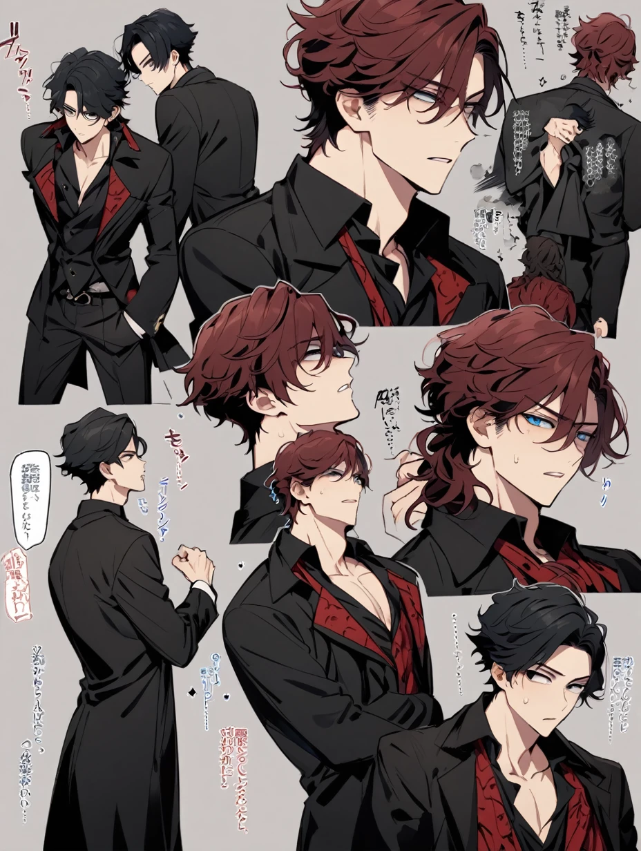 Man and a boy together . man (dark red hair , black eyes , short hair , mafia clothes ) fuck a Boy (black hair, wavy hair, short hair, blue eyes, dark clothes), dark hall, man is a top, boy is a bottom, different poses