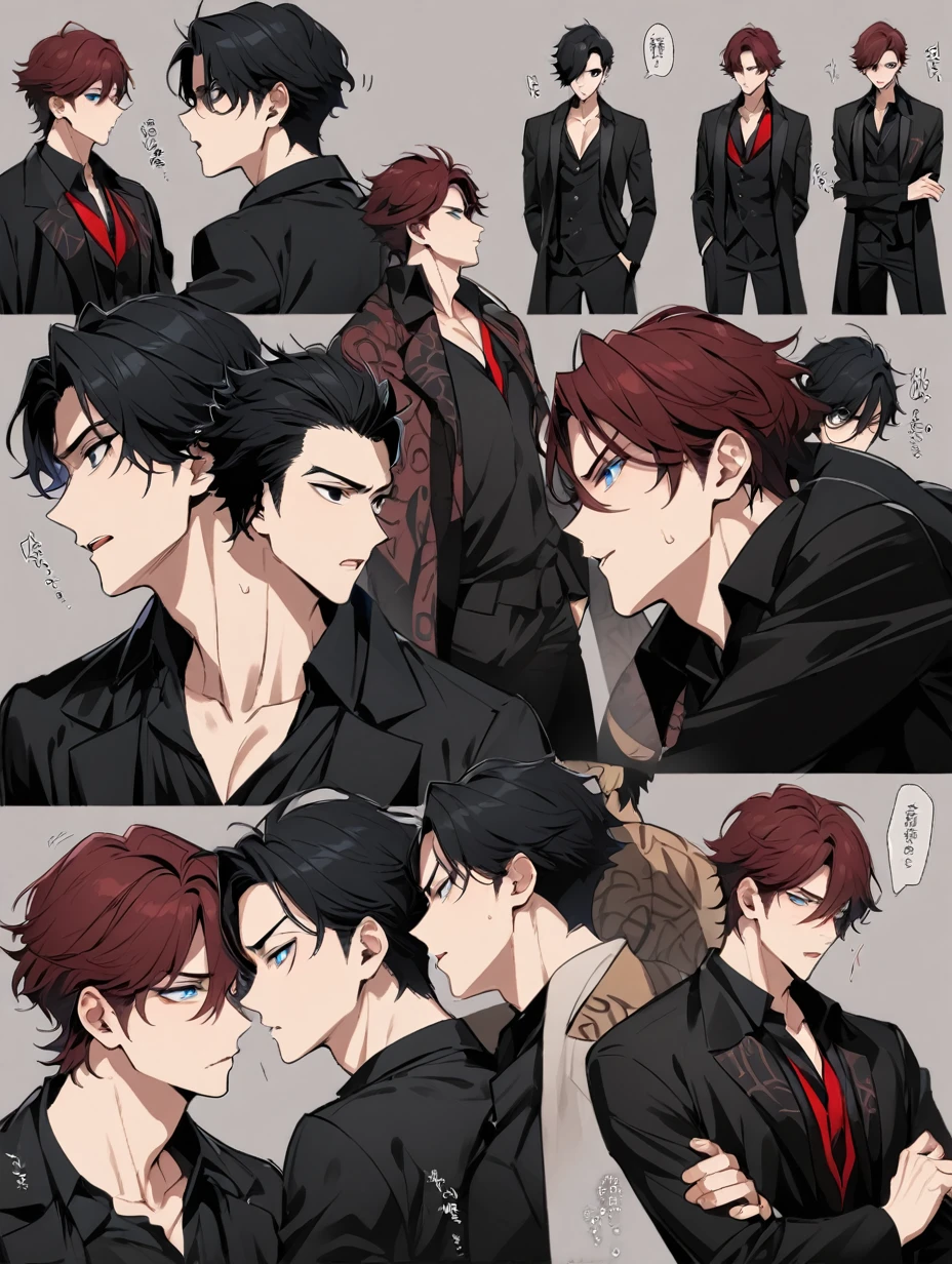 Man and a boy together . man (dark red hair , black eyes , short hair , mafia clothes ) fuck a Boy (black hair, wavy hair, short hair, blue eyes, dark clothes), dark hall, man is a top, boy is a bottom, different poses
