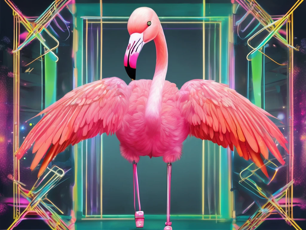 Concept art, A joyful flamingo wearing roller skates, dressed in metallic disco attire, adorned with sunglasses on the beak and a golden chain on the neck. Its wings spread wide, striking a ballet pose. All illuminated in the vibrant hues of a 60's discotheque dance floor. This captivating digital illustration showcases the carefree elegance of the flamingo's movements, perfectly blending retro glamour with avian grace. Incorporate subtle, playful expressions, such as a slight blush on the cheeks and a sparkle in its eye, to convey the flamingo's happiness. Digital illustration, best quality, 8k, highres, masterpiece, ultra-detailed, realistic, photorealistic, photo-realistic, HDR, vivid colors, studio lighting, professional, colorful, neon, glowing, dynamic, energetic, whimsical, surreal, magical, dreamlike.
