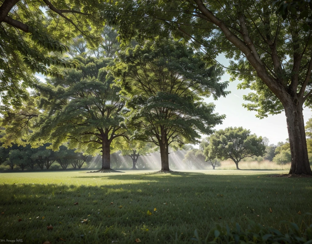 A bright and beautiful tree with a very thick trunk in a light brown color, very clean and completely smooth, emerging from the ground covered with fine grass, a little to the left of the center of the picture, immediately turning sharply to the right, aligning almost to the height of the grass, continuing to the right with a slight diagonal upwards, a little to the right of the center, a branch grows from it as thick as the trunk with the same elements his that rises upwards in a slightly curved line to the left, the tree itself continues a little more to the right until it gently curves upwards and continues in a straight line slightly inclined to the right. The entire tree is a light brown color with no branches or leaves at all along the way, up on the left side a gentle sun shines that sends rays of light to The tree at the top of the tree grows from it like a canopy of branches and beautiful leaves in a very light green color