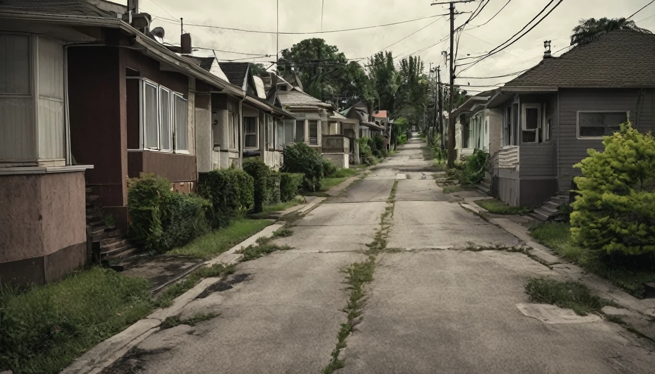 neighborhood, several houses, sinister environment, no people on the street, fear