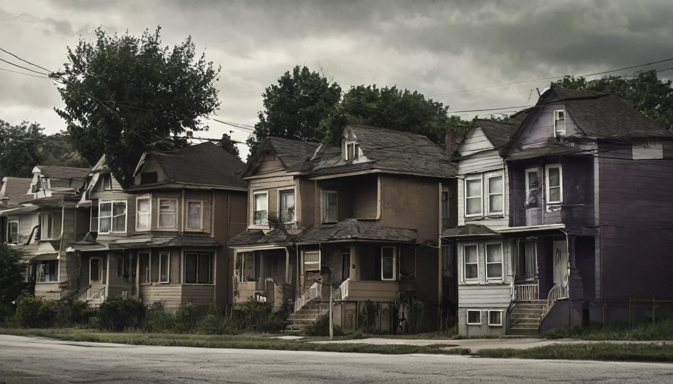 neighborhood, several houses, sinister environment, no people on the street, fear