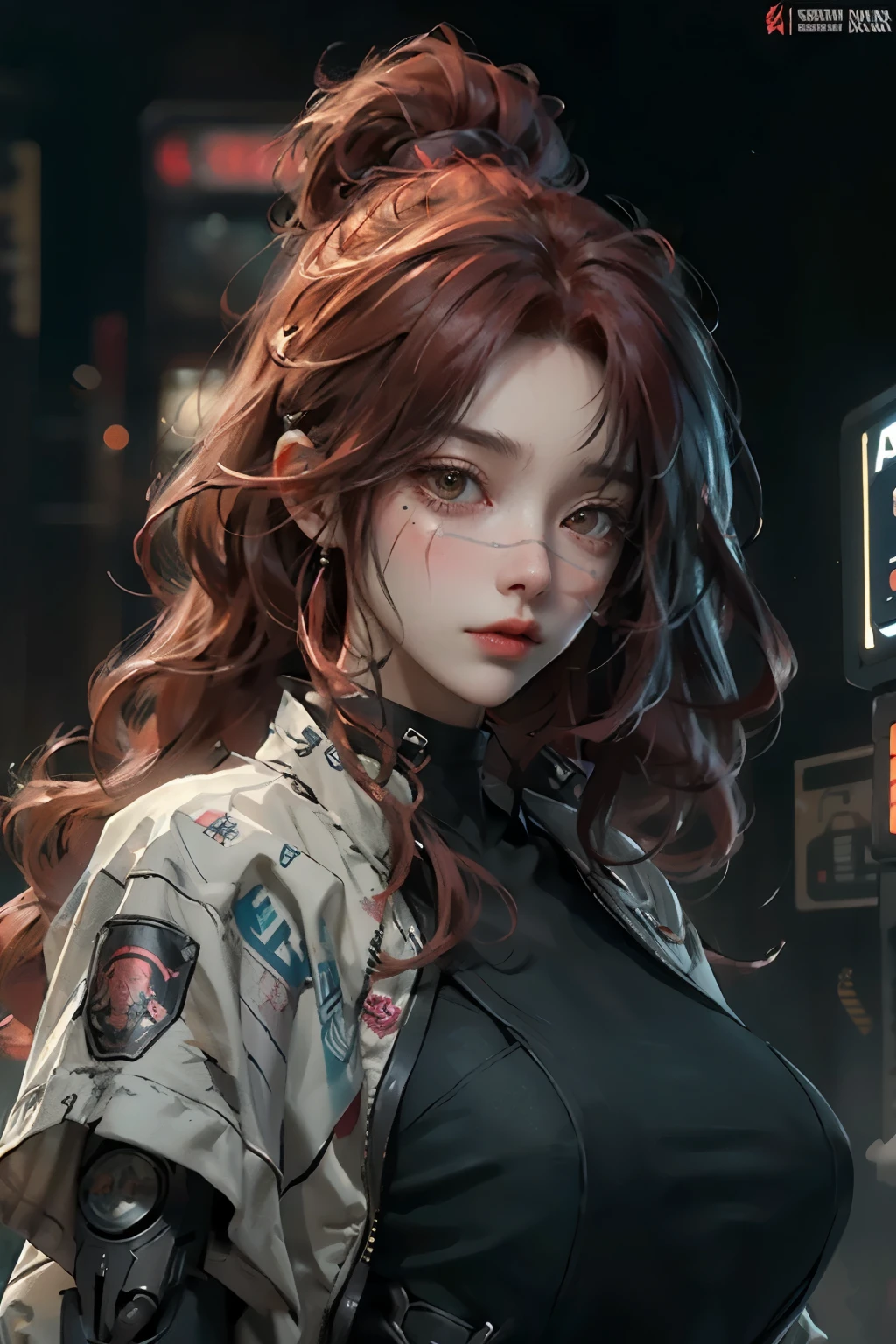 ((best quality)), ((Masterpiece)), (details:1.4), 3d, Image of a beautiful cyberpunk woman., HDR (high dynamic range), mature woman, long hair, red hair, future police, PBR surface, After processing, Anisotropic filtration,depth of field, Maximum clarity and clarity, multi-layered surface, perfect proportions, 8K raw files, future world, at night, Scars on the face,