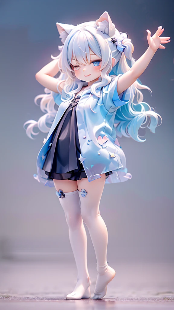 beautiful girl,Cat ear,Long white hair,Light blue eyes,cute, young, Black tights, Wearing an oversized hoodie,sleeping,Details,smile,Only 1 person,The background is a starry sky,beautiful girlのみ,Are standing,Raise your arms,No shoes,chibi