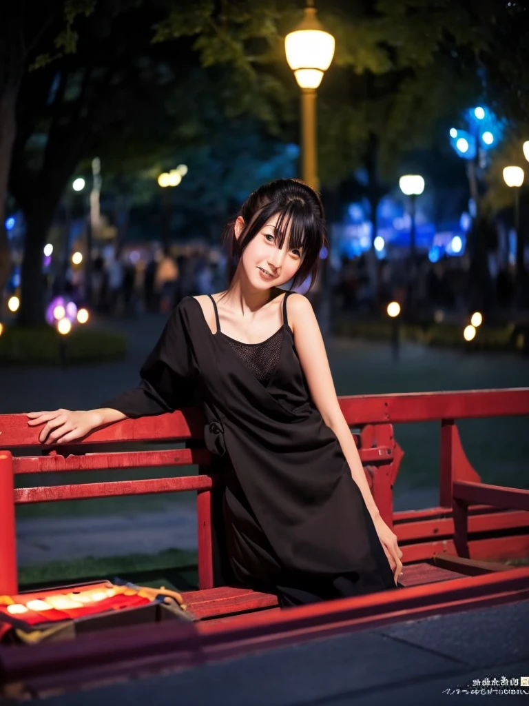 femme japonaise ultra HD, de haute résolution assise sur un banc dans une parc d'attraction, de nuit lumière coloré de fête