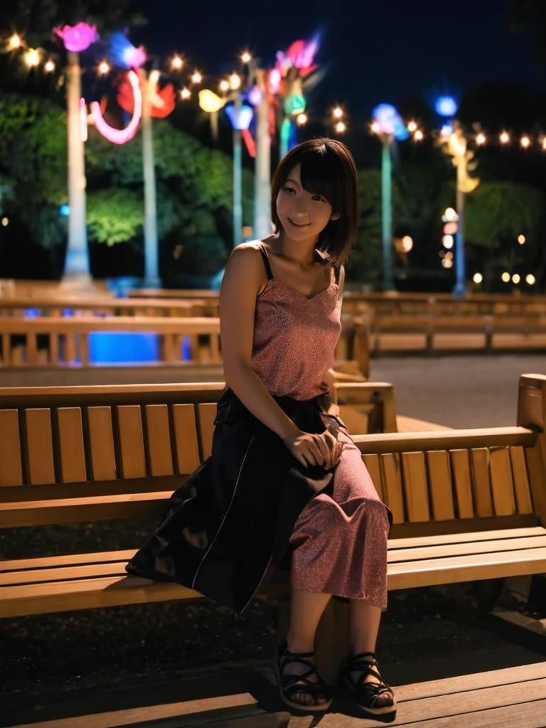 femme japonaise ultra HD, de haute résolution assise sur un banc dans une parc d'attraction, de nuit lumière coloré de fête