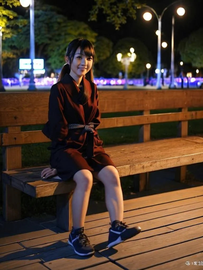 femme japonaise ultra HD, de haute résolution assise sur un banc dans une parc d'attraction, de nuit lumière coloré de fête