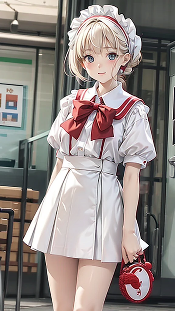 Female, height: 135 cm, weight: 50 KG, hip circumference: 80, waist circumference: 54, bust circumference: 73, face: oval face, hair color: white, eye color: red, clothing: white JK short skirt uniform, scene: classroom.loli,Short height