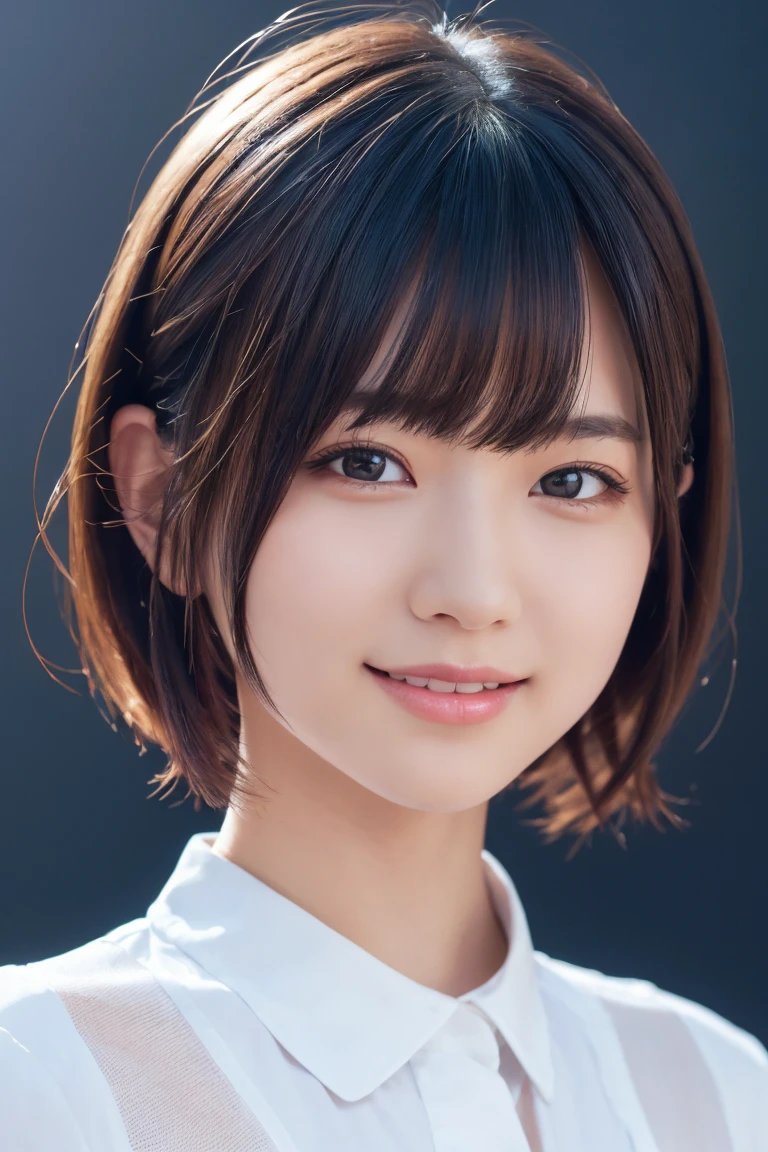 1 Girl, (Wearing colorful stage costumes:1.2), Very beautiful Japanese idol portraits, Face close-up, (RAW Photos, Highest quality), (Realistic, Realistic:1.4), (masterpiece), Very delicate and beautiful, Very detailed, 2k wallpaper, wonderful, finely, Very detailed CG Unity 8K wallpaper, Very detailed, High resolution, Soft Light, Beautiful detailed girl, Very detailed目と顔, Beautiful and sophisticated nose, Beautiful and beautiful eyes, Cinema Lighting, (Simple light color background:1.3), (short hair), (Bob), Complete Anatomy, Slender body, Small breasts, smile、In town