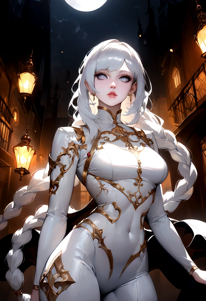 Masterpiece, Highest quality, solofocus, (Perfect face:1.1), (High detail:1.1),Dramatic, 1人, (Pale skin), Long braids, white hair, White eyes, Solo, Long hair, Moon, Night, white luxury suit, White fedora, covered navel, pouty lips, Covered, Jazz clubs, Detailed background, Art by Artgerm and Greg Rutkowski, Gothic Renaissance, Cinematic lighting,