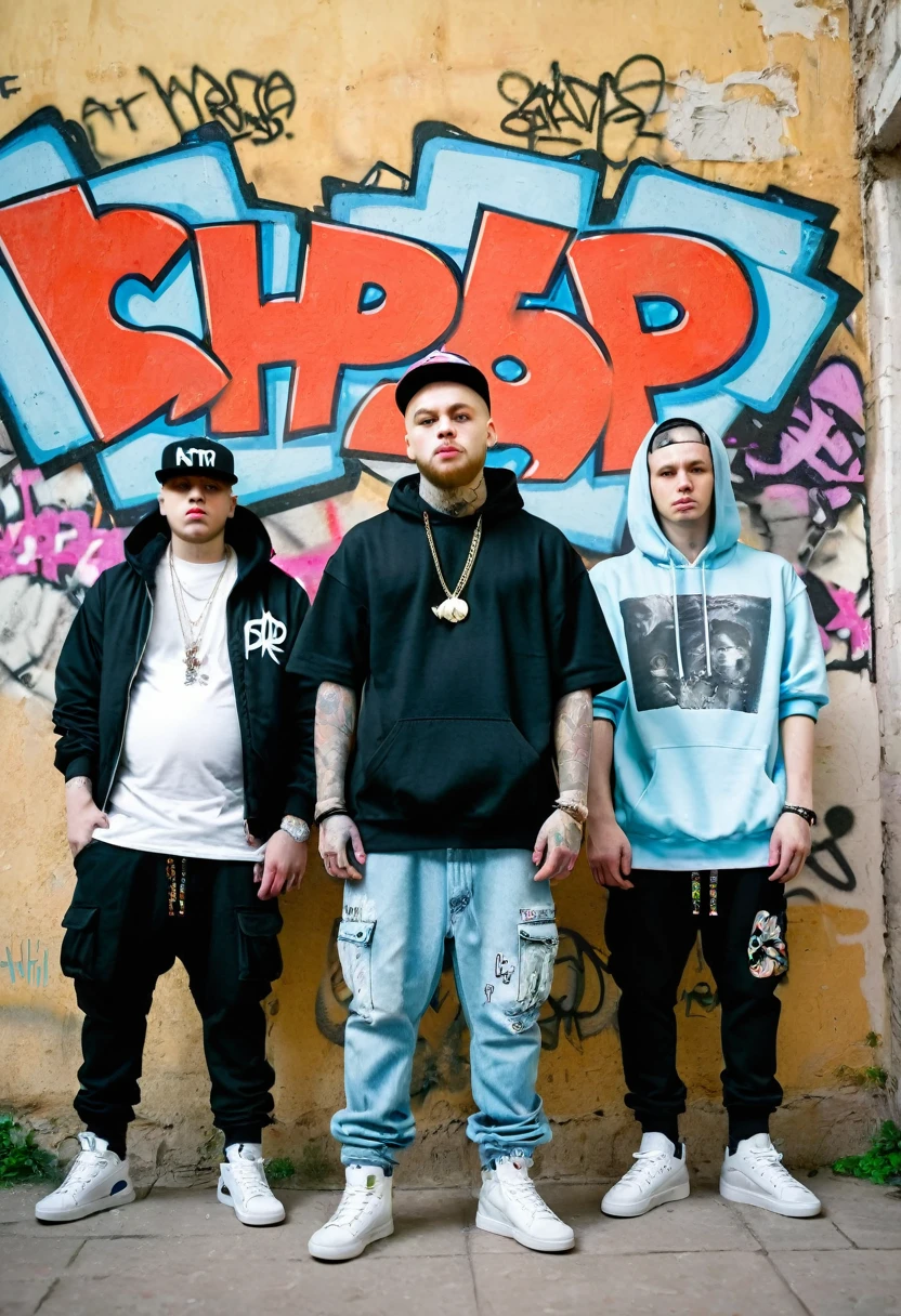 three Russian underground rappers stand against a wall, boyish show-off, realistic photograph of a wall in a residential area with a graffiti drawing containing the word "CHPEH FAT", underground atmosphere, hip hop style, ghetto style, gangsta style