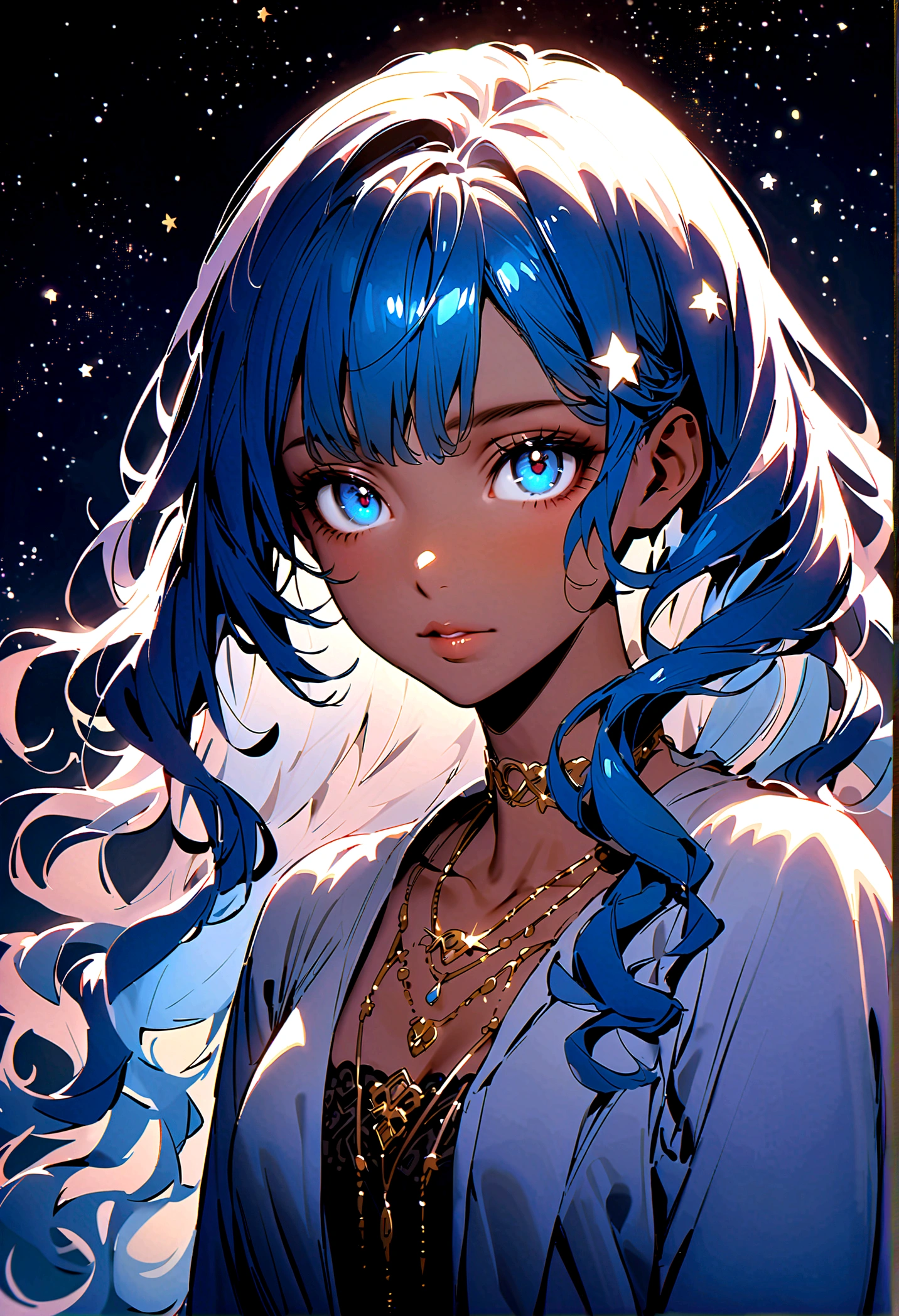 A beautiful girl, big elongated eyes, dark brown blue eyes, long blue hair, soft lips, brown skin, hair blue, wavy hair, hair bangs, glowy stars on hair, white tip with light blue, neck chain with a white star, right gaze, glow, fantasy