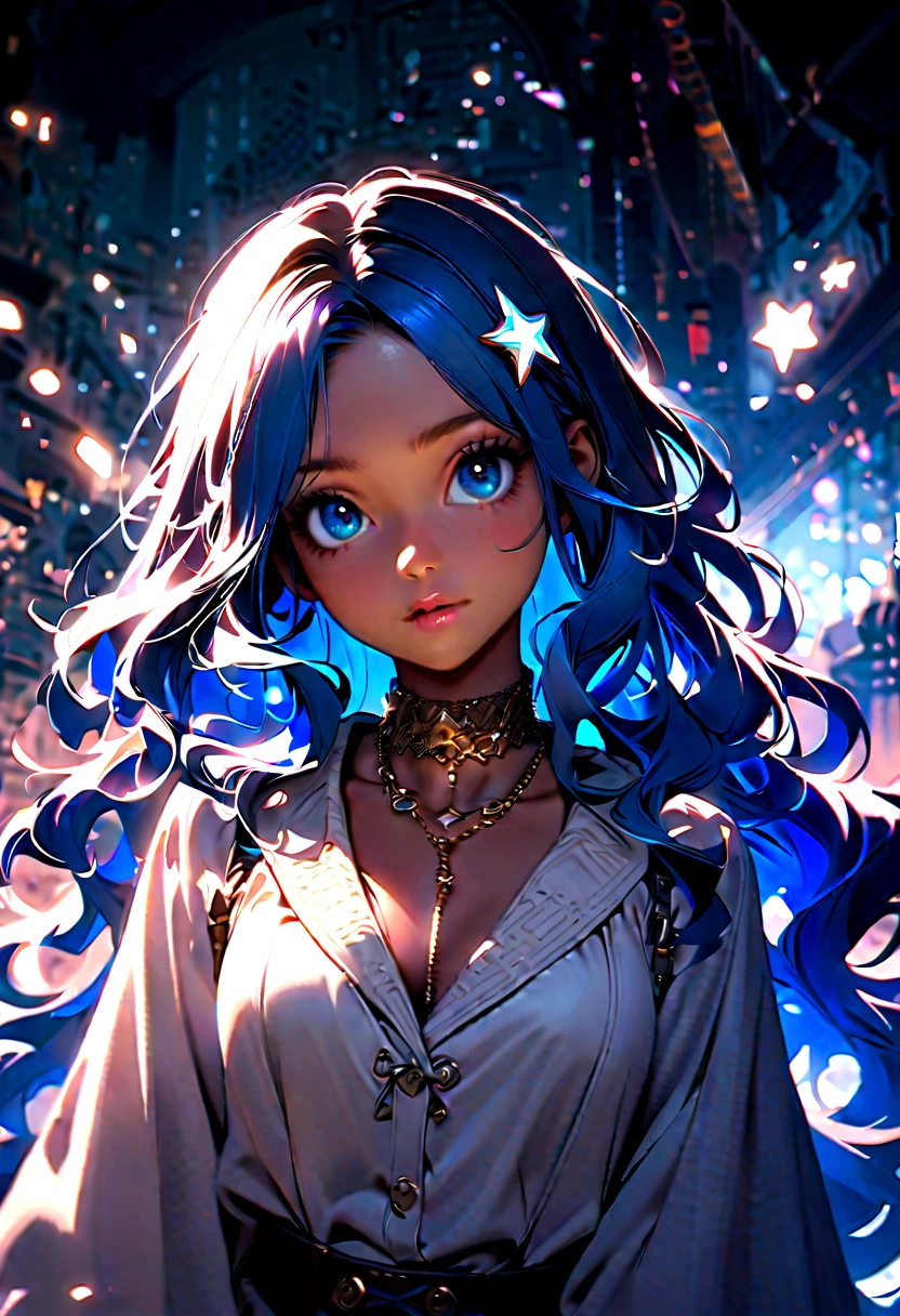 A beautiful girl, big elongated eyes, dark brown blue eyes, long blue hair, soft lips, brown skin, hair blue, wavy hair, hair bangs, glowy stars on hair, white tip with light blue, neck chain with a white star, right gaze, glow, fantasy