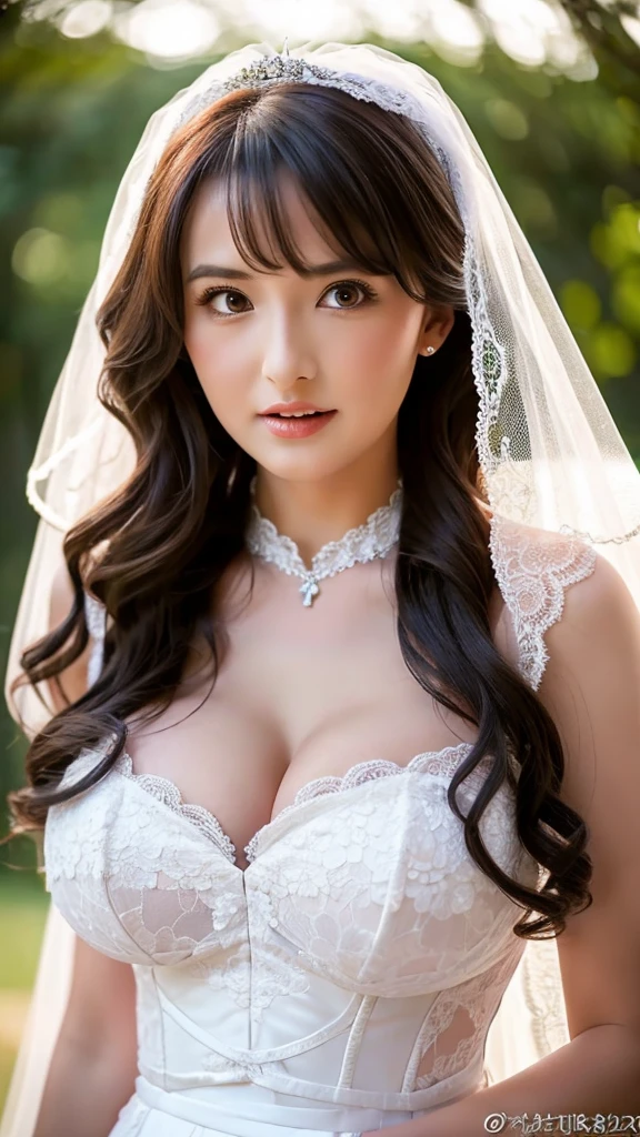 Girl with giant breasts with lace cleavage dressed as a bride at the altar