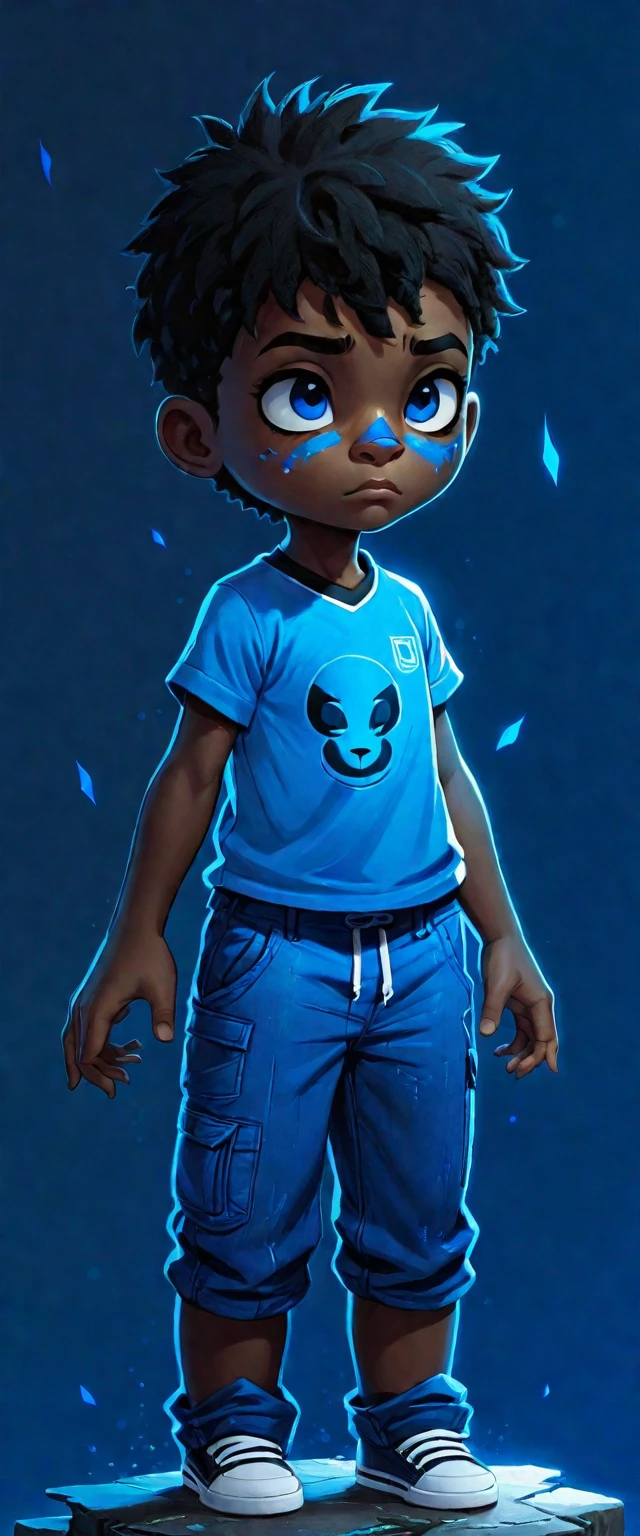 A black teenager with a scar above his nose, blue details, I'm wearing a blue shirt with a black alien print